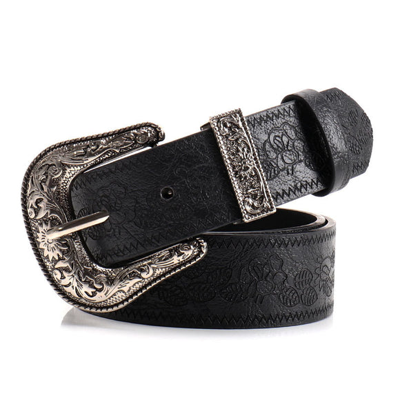 Black Women's Western Style Embossed Belt 2 Pack Vintage PU Leather Waistband with Antique Silver Buckle for Jeans and Dresses Y2K Fashion