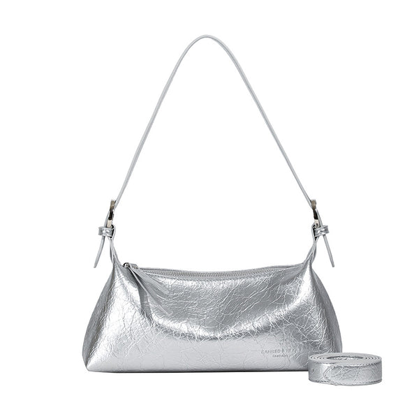 Silver Women's Metallic Silver Underarm Baguette Bag French Style PU Leather Shoulder Purse with Adjustable Crossbody Strap for Evening and Daily Use