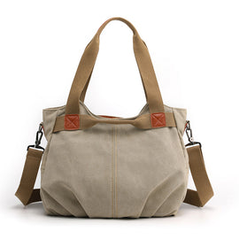 Khaki Women's Retro Canvas Tote Bag Large Capacity Shoulder Handbag Adjustable Crossbody Strap 35cm for Travel Work & Daily Use