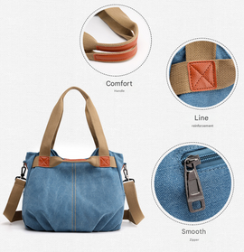 Dark Blue Women's Retro Canvas Tote Bag Large Capacity Shoulder Handbag Adjustable Crossbody Strap 35cm for Travel Work & Daily Use - 0