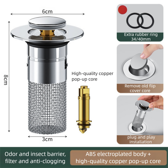 2-Pack Pop-Up Sink Stopper with Hair Catcher – Standard (34-40mm) Drain Filter,Basin Drain Filter Upgrade