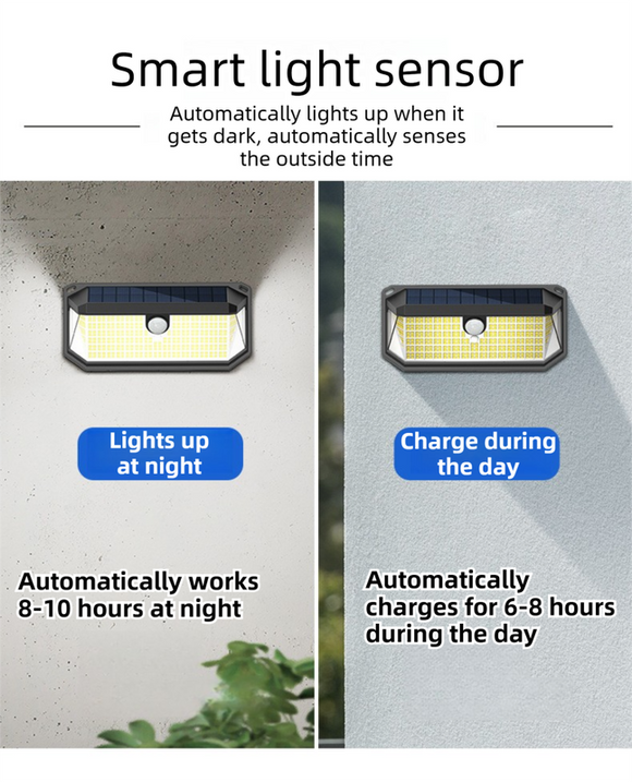 2-Pack Solar Motion Sensor Wall Light(230-Bead LED) -  3 Lighting Modes, IP64 Waterproof, Three-Sided Wide-Angle Lighting for Outdoor Security and Garden Lighting