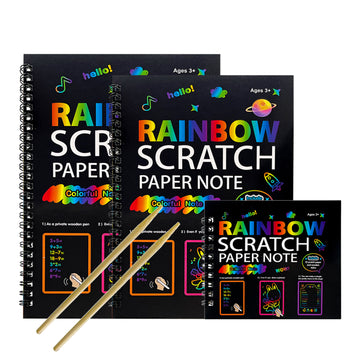 3-Pack DIY Rainbow Scratch Art Books Set - Neon Black Scratch Paper for Kids, Multi-Size (S, M, L) Creative Drawing & Fun