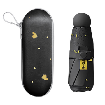 Black Ultra-Compact 5-Fold Waterproof All-Weather Umbrella for Women - Heart Pattern, Black Glue UV Protection, 8-Rib Frame,  Portable Capsule Parasol