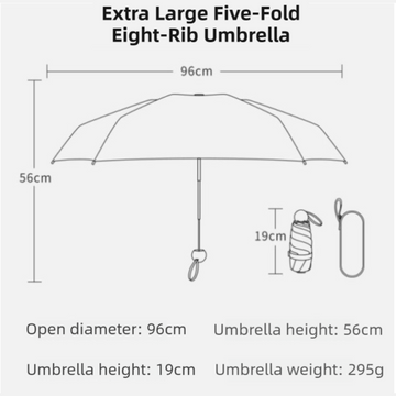 Black Ultra-Compact 5-Fold Waterproof All-Weather Umbrella for Women - Heart Pattern, Black Glue UV Protection, 8-Rib Frame,  Portable Capsule Parasol - 0