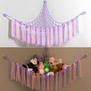 Purple Corner Plush Toy Organizer (100x100x150cm)  with Ribbon Accent & Installation Kit -  Handwoven Cotton Mesh Toy Storage Hammock-1
