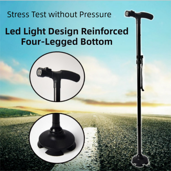 Folding LED Walking Cane with Dual Handle - Adjustable(88-98CM), Anti-Slip 4-Prong Base, and Stand-Up Function for Seniors