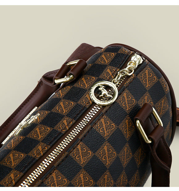 Brown checkered pattern Stylish PU Leather Boston Bag - Elegant Retro Single Shoulder Crossbody Handbag for Women