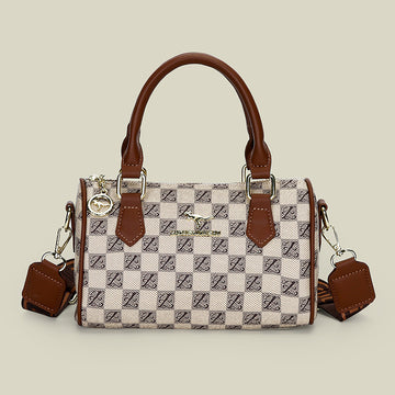 Khaki checkered pattern Stylish PU Leather Boston Bag - Elegant Retro Single Shoulder Crossbody Handbag for Women