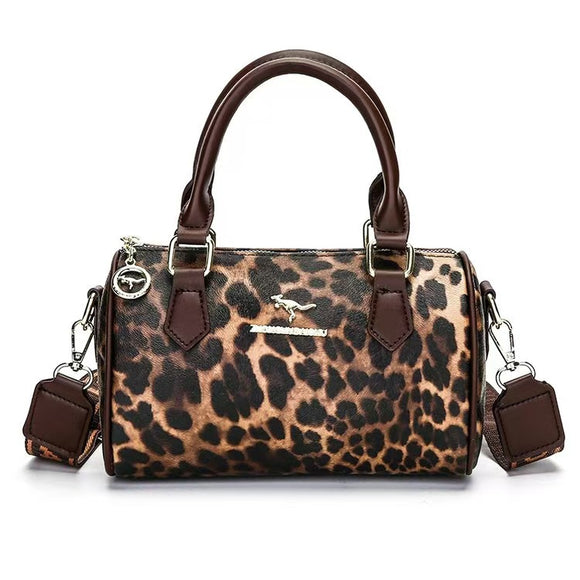 Brown leopard print Stylish PU Leather Boston Bag - Elegant Retro Single Shoulder Crossbody Handbag for Women