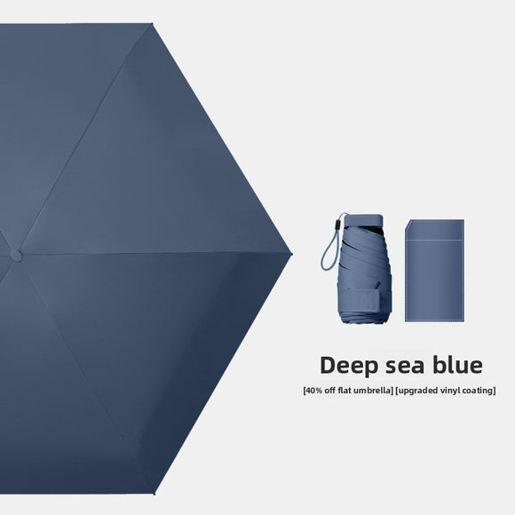 Deep Sea Blue Compact Mini Travel Umbrella UPF50+ UV Protection Waterproof 6-Fold Flat Design Lightweight Sun & Rain Parasol for Handbag