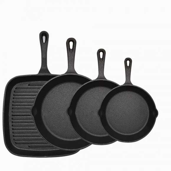 Four-piece set Heavy Duty Cast Iron Skillet & Grill Pan Thickened Vintage Style Cookware for Steak Breakfast & Camping