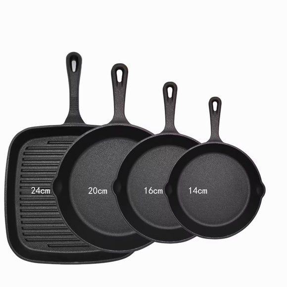 Four-piece set Heavy Duty Cast Iron Skillet & Grill Pan Thickened Vintage Style Cookware for Steak Breakfast & Camping