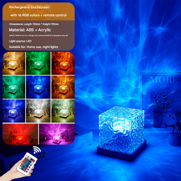 Square Dynamic Water Ripple Projector Night Light 16 RGB Colours Rechargeable LED Atmosphere Lamp with Remote Control for Bedroom and Photography