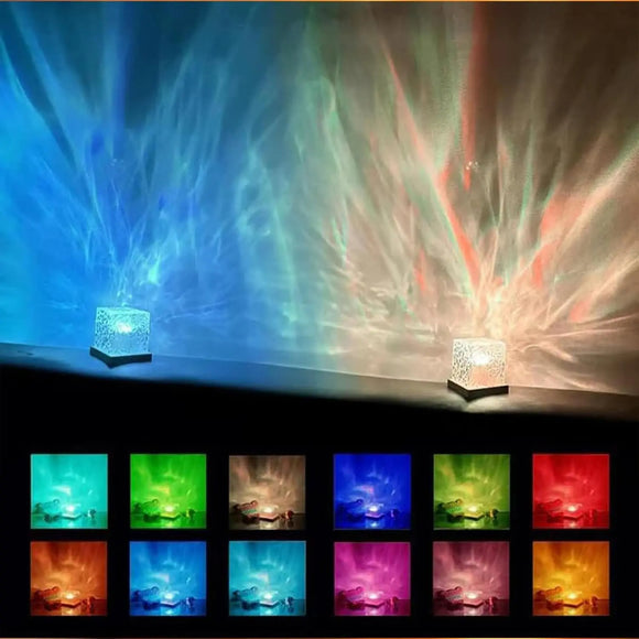 Square Dynamic Water Ripple Projector Night Light 16 RGB Colours Rechargeable LED Atmosphere Lamp with Remote Control for Bedroom and Photography