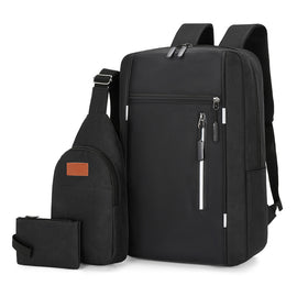 Black 3 Piece Mens Backpack Set with Sling Bag and Pouch USB Charging Port Large Capacity Laptop Daypack Water Resistant Business Travel School Bag