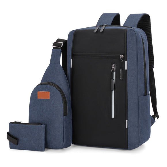 Blue 3 Piece Mens Backpack Set with Sling Bag and Pouch USB Charging Port Large Capacity Laptop Daypack Water Resistant Business Travel School Bag