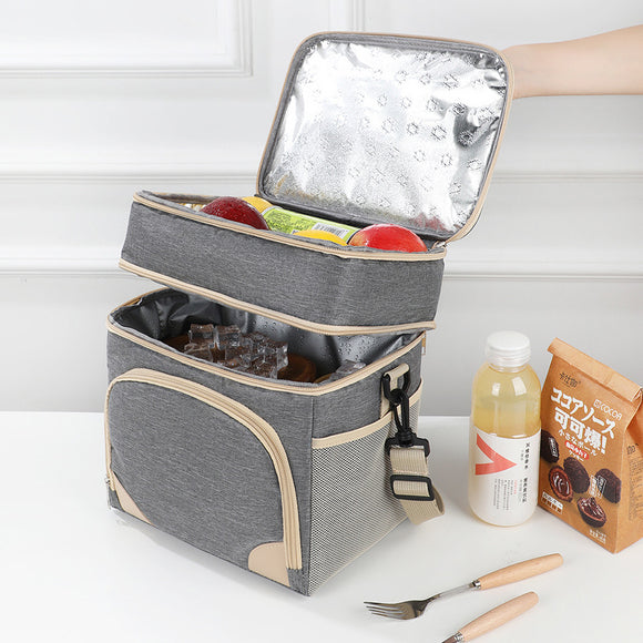 Black Dual Layer Insulated Lunch Bag 12L Large Capacity Cooler Tote with Adjustable Strap Leakproof Thermal Food Carrier for Work Picnic and Camping
