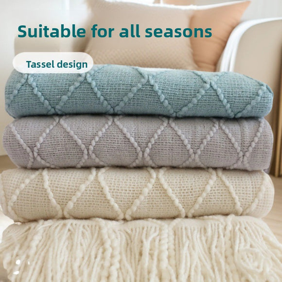 Beige Nordic Knitted Throw Blanket with Tassels 130x230cm Soft Acrylic Diamond Pattern Sofa Cover Bed Runner and Travel Blanket