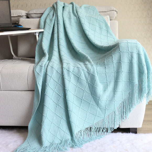 Lake blue Nordic Knitted Throw Blanket with Tassels 130x230cm Soft Acrylic Diamond Pattern Sofa Cover Bed Runner and Travel Blanket