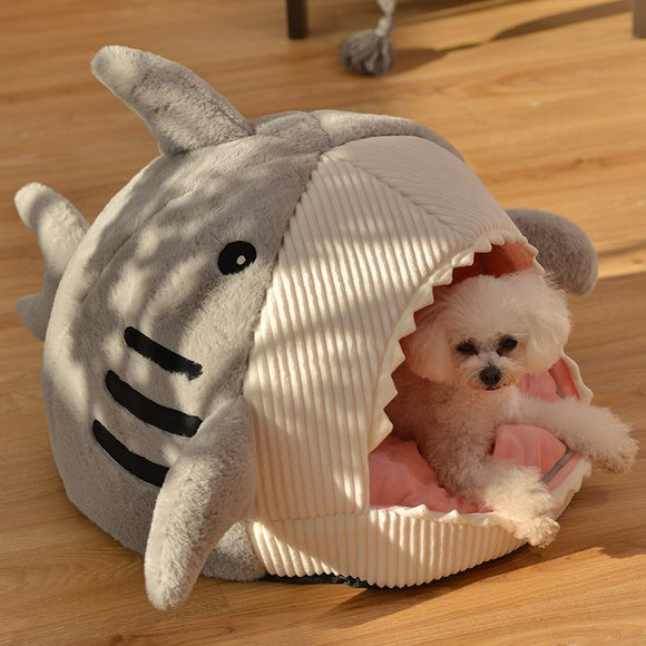 Novelty Shark Pet Cave Bed Enclosed Cozy Sleeping Nest for Cats and Small Dogs Soft Flannel Year Round Comfort Light Blue M Size