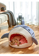 Novelty Shark Pet Cave Bed Enclosed Cozy Sleeping Nest for Cats and Small Dogs Soft Flannel Year Round Comfort Light Blue L Size-1