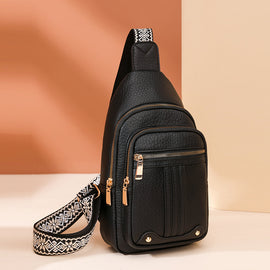 Women's Soft PU Leather Sling Bag Crossbody Chest Purse with Adjustable Boho Strap - Lightweight Multi-Pocket Shoulder Daypack for Travel & Daily Use - Black