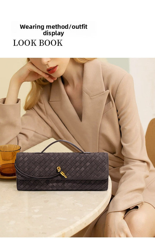 Retro Woven Baguette Handbag for Women Suede Texture PU Leather Shoulder Crossbody Bag Elegant Evening Clutch Pine Tea Color