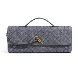 Retro Woven Baguette Handbag for Women Suede Texture PU Leather Shoulder Crossbody Bag Elegant Evening Clutch Warm gray