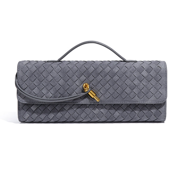 Retro Woven Baguette Handbag for Women Suede Texture PU Leather Shoulder Crossbody Bag Elegant Evening Clutch Warm gray