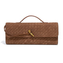 Retro Woven Baguette Handbag for Women Suede Texture PU Leather Shoulder Crossbody Bag Elegant Evening Clutch Brown-1