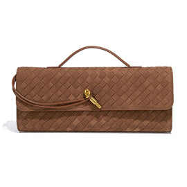 Retro Woven Baguette Handbag for Women Suede Texture PU Leather Shoulder Crossbody Bag Elegant Evening Clutch Brown