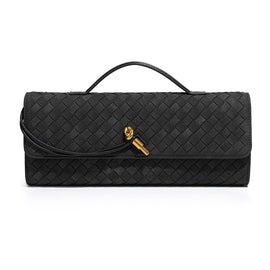 Retro Woven Baguette Handbag for Women Suede Texture PU Leather Shoulder Crossbody Bag Elegant Evening Clutch Black