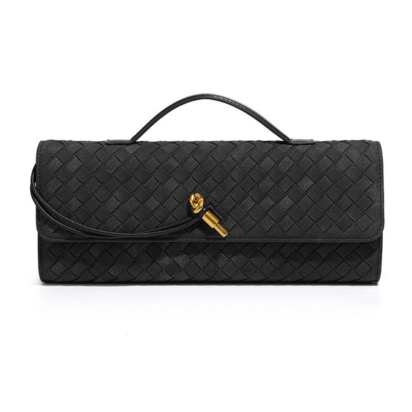 Retro Woven Baguette Handbag for Women Suede Texture PU Leather Shoulder Crossbody Bag Elegant Evening Clutch Black