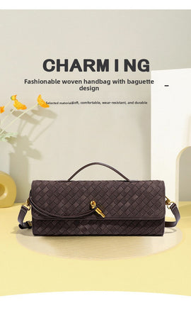 Retro Woven Baguette Handbag for Women Suede Texture PU Leather Shoulder Crossbody Bag Elegant Evening Clutch Burgundy - 0