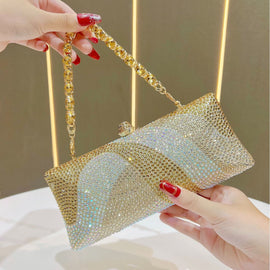 Luxury Golden Rhinestone Evening Clutch Bag Women Crystal Sparkle Formal Purse with Chain Strap for Wedding Party Prom