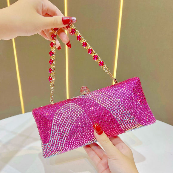 Luxury Rose red Rhinestone Evening Clutch Bag Women Crystal Sparkle Formal Purse with Chain Strap for Wedding Party Prom