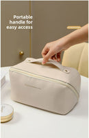 Large Capacity Travel Cosmetic Bag Portable PU Leather Pillow Pouch Waterproof Make Up Organiser Toiletry Case with Handle Apricot White-4