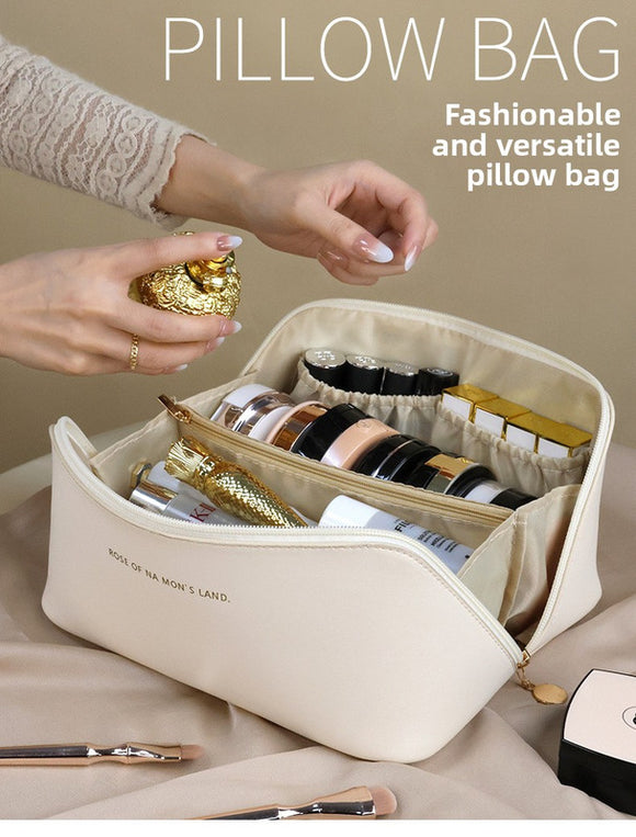 Large Capacity Travel Cosmetic Bag Portable PU Leather Pillow Pouch Waterproof Make Up Organiser Toiletry Case with Handle Apricot White