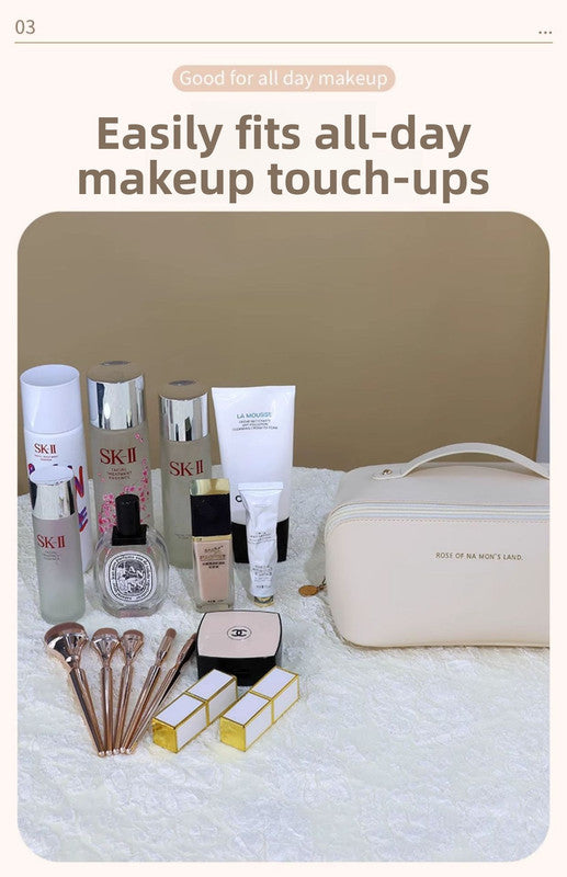 Large Capacity Travel Cosmetic Bag Portable PU Leather Pillow Pouch Waterproof Make Up Organiser Toiletry Case with Handle Apricot White