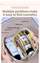 Large Capacity Travel Cosmetic Bag Portable PU Leather Pillow Pouch Waterproof Make Up Organiser Toiletry Case with Handle Apricot White-9