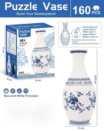 160 PCS Blue and White Porcelain 3D Puzzle Vase - DIY Interlocking Flower Vase Kit, Home Decorative and Toy Gift for Women