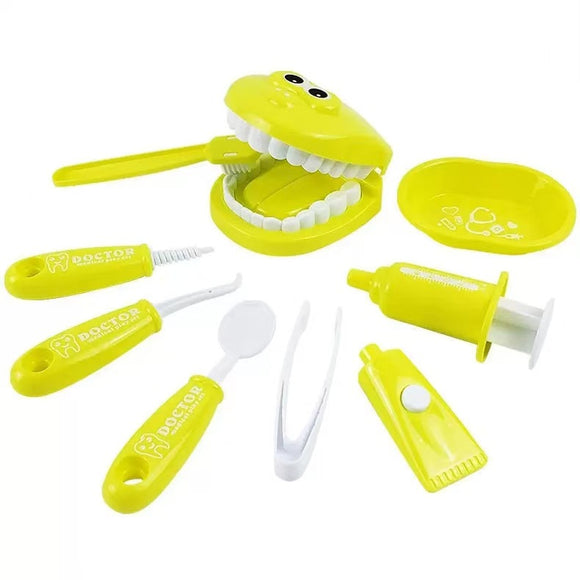 9 Piece Kids Dentist Pretend Play Set - Yellow Educational Medical Kit with Teeth Model, Toothbrush & Tools - Oral Hygiene Learning Toy for Toddlers & Preschoolers