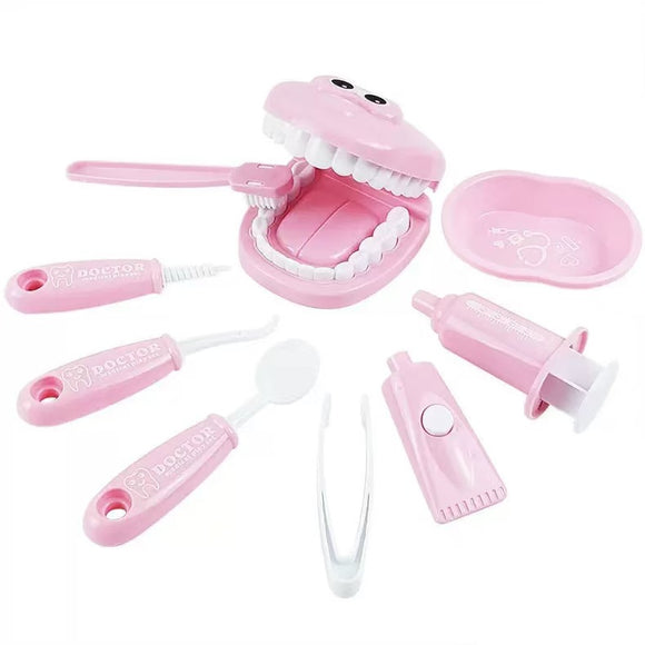 9 Piece Kids Dentist Pretend Play Set - Pink Educational Medical Kit with Teeth Model, Toothbrush & Tools - Oral Hygiene Learning Toy for Toddlers & Preschoolers