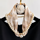 Beige 2-in-1 Magnetic Pearl Scarf & Necklace Set - Floral Print Polyester Neck Wrap with Detachable Bead Chain-2