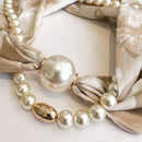 Beige 2-in-1 Magnetic Pearl Scarf & Necklace Set - Floral Print Polyester Neck Wrap with Detachable Bead Chain-3
