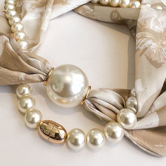 Beige 2-in-1 Magnetic Pearl Scarf & Necklace Set - Floral Print Polyester Neck Wrap with Detachable Bead Chain