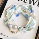 Blue Butterfly 2-in-1 Magnetic Pearl Scarf & Necklace Set - Floral Print Polyester Neck Wrap with Detachable Bead Chain-1