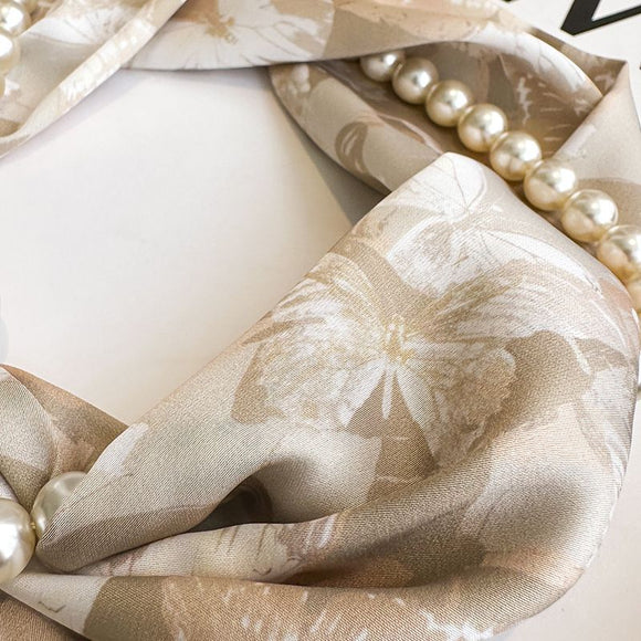 Light Green 2-in-1 Magnetic Pearl Scarf & Necklace Set - Floral Print Polyester Neck Wrap with Detachable Bead Chain