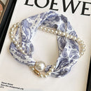 Blue porcelain pattern 2-in-1 Magnetic Pearl Scarf & Necklace Set - Floral Print Polyester Neck Wrap with Detachable Bead Chain-1